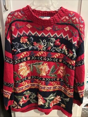 Vintage Red Floral Knit Sweater